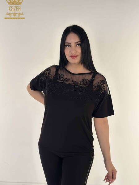 Toptan Kadın Bluz Tül Detaylı Siyah - 79453 | KAZEE 