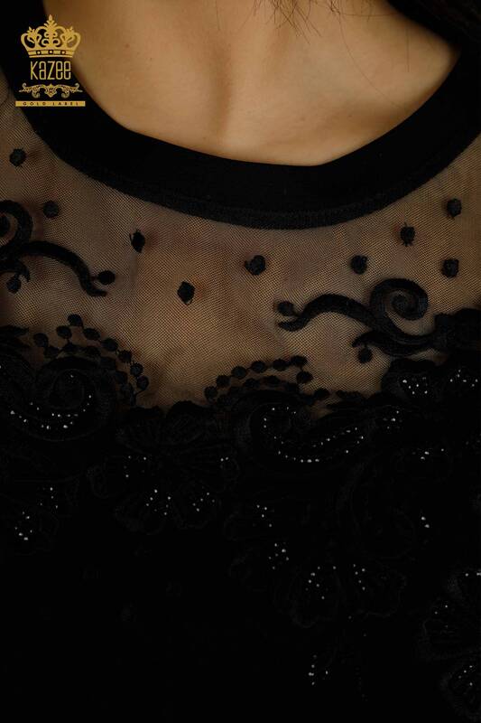 Toptan Kadın Bluz Tül Detaylı Siyah - 79500 | KAZEE