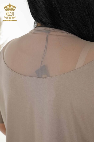 Toptan Kadın Bluz Tül Detaylı Vizon - 79085 | KAZEE - Thumbnail