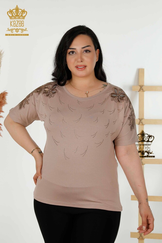 Toptan Kadın Bluz Tül Detaylı Vizon - 79086 | KAZEE - 1