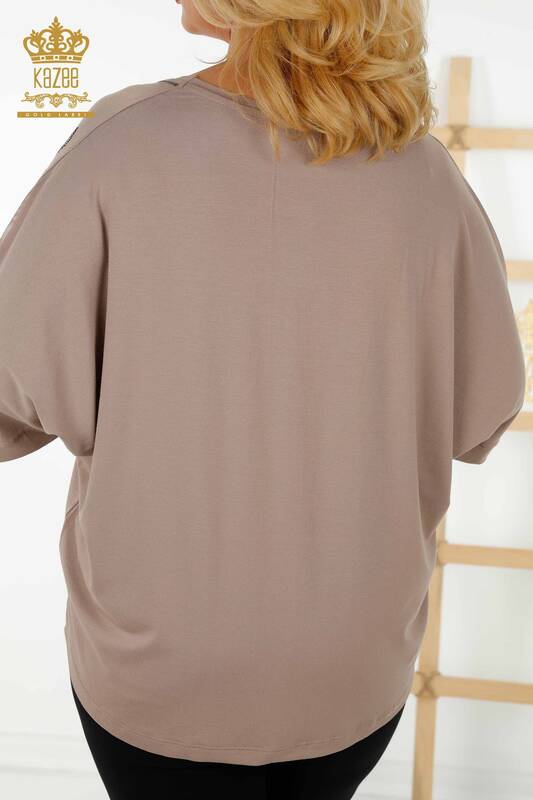 Toptan Kadın Bluz Tül Detaylı Vizon - 79096 | KAZEE