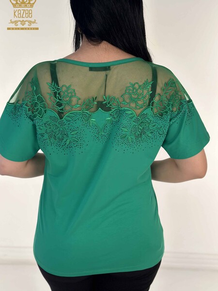 Toptan Kadın Bluz Tül Detaylı Yeşil - 79453 | KAZEE - 4