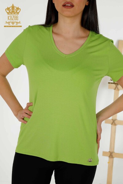 Toptan Kadın Bluz V Yaka Fıstık Yeşil - 79179 | KAZEE - Thumbnail