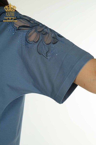 Toptan Kadın Bluz V Yaka İndigo - 79550 | KAZEE - Thumbnail