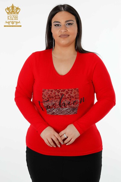 Toptan Kadın Bluz V Yaka Kırmızı - 79006 | KAZEE - Thumbnail