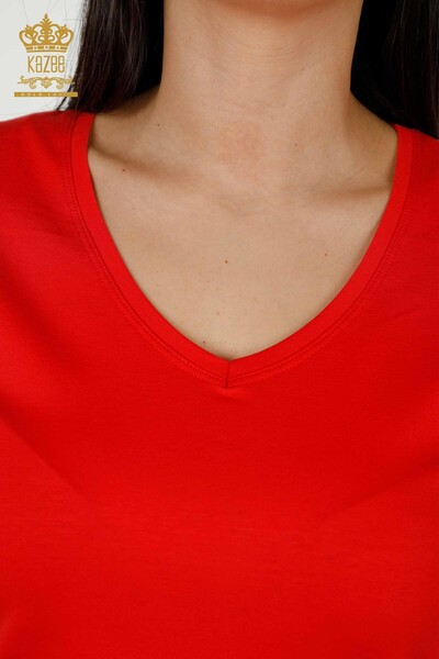 Toptan Kadın Bluz V Yaka Kırmızı - 79179 | KAZEE - Thumbnail
