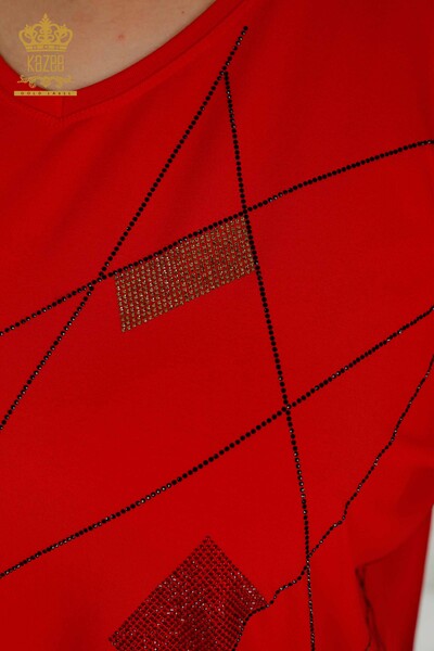 Toptan Kadın Bluz V Yaka Kırmızı - 79320 | KAZEE - Thumbnail