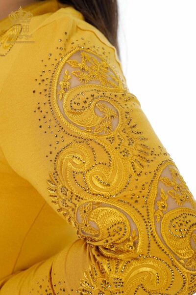 Toptan Kadın Bluz V Yaka Kristal Taş İşlemeli Tül Detaylı - 79008 | KAZEE - Thumbnail (2)