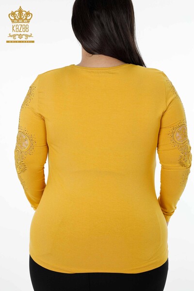 Toptan Kadın Bluz V Yaka Kristal Taş İşlemeli Tül Detaylı - 79008 | KAZEE - Thumbnail