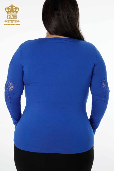 Toptan Kadın Bluz V Yaka Kristal Taş İşlemeli Tül Detaylı - 79008 | KAZEE - Thumbnail