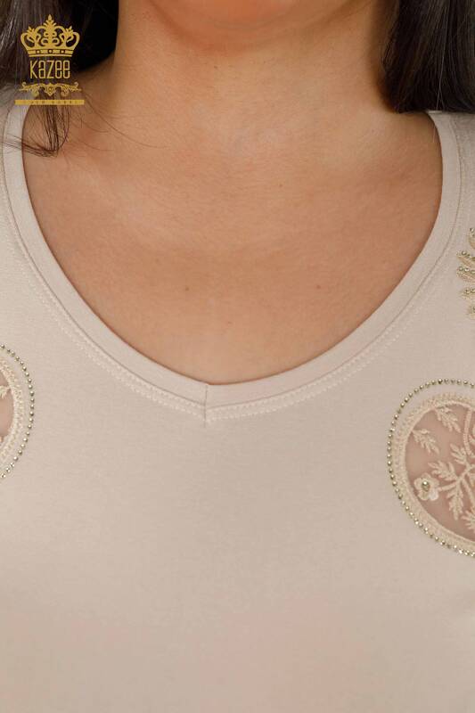 Toptan Kadın Bluz V Yaka Kristal Taş İşlemeli Tül Detaylı - 79008 | KAZEE