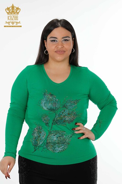 Kazee - Toptan Kadın Bluz V Yaka Renkli Taş İşlemeli Çiçek Detaylı - 79022 | KAZEE