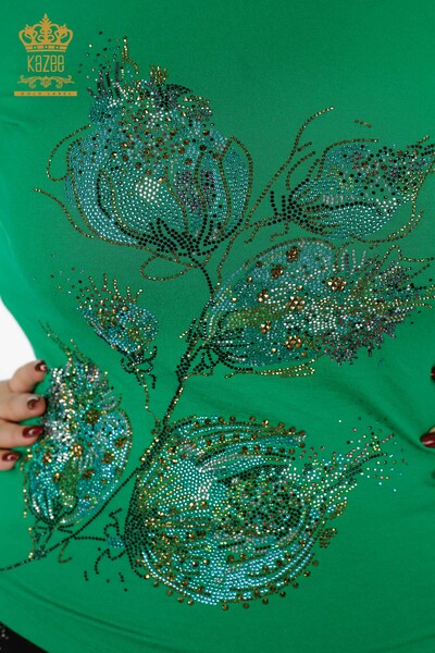Toptan Kadın Bluz V Yaka Renkli Taş İşlemeli Çiçek Detaylı - 79022 | KAZEE - Thumbnail (2)