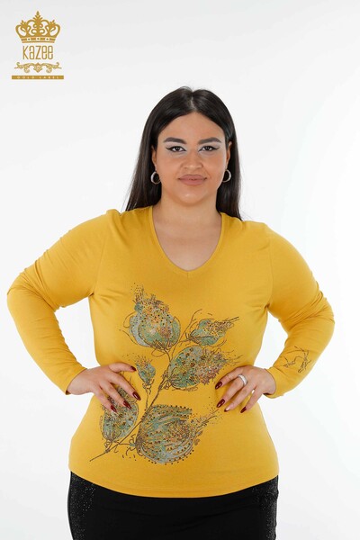 Toptan Kadın Bluz V Yaka Renkli Taş İşlemeli Çiçek Detaylı - 79022 | KAZEE - Thumbnail