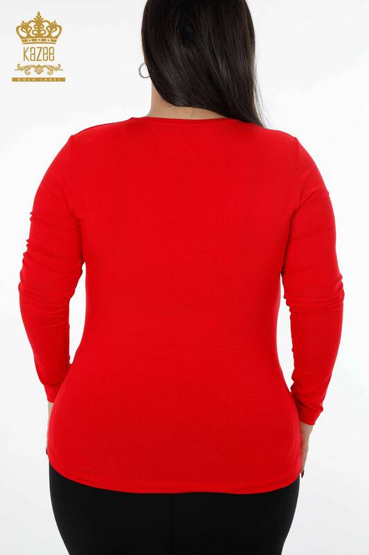 Toptan Kadın Bluz V Yaka Renkli Taş İşlemeli Çiçek Detaylı - 79022 | KAZEE