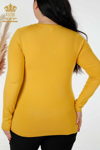 Toptan Kadın Bluz V Yaka Taş İşlemeli Safran - 79016 | KAZEE - Thumbnail