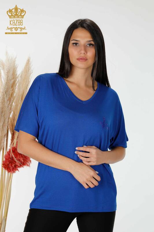 Toptan Kadın Bluz V Yaka Taş İşlemeli Saks - 78931 | KAZEE