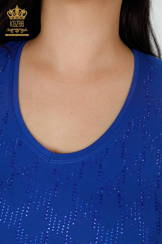 Toptan Kadın Bluz V Yaka Taş İşlemeli Saks - 79016 | KAZEE