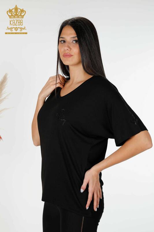 Toptan Kadın Bluz V Yaka Taş İşlemeli Siyah - 78931 | KAZEE
