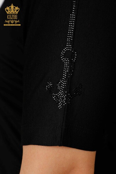 Toptan Kadın Bluz V Yaka Taş İşlemeli Siyah - 78931 | KAZEE - Thumbnail