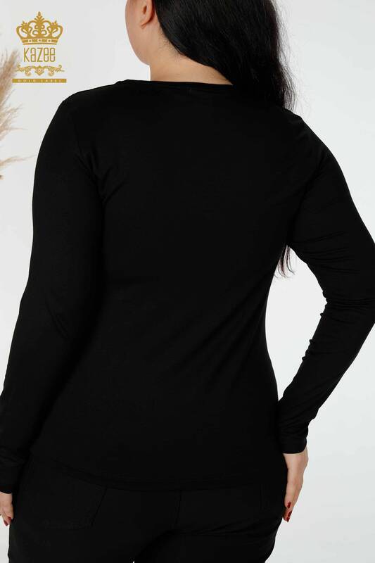 Toptan Kadın Bluz V Yaka Taş İşlemeli Siyah - 79016 | KAZEE