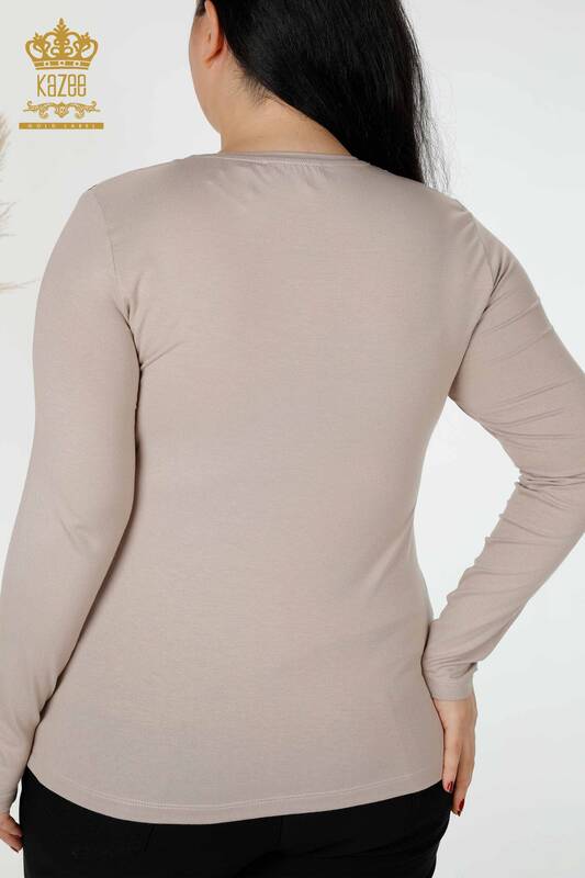 Toptan Kadın Bluz V Yaka Taş İşlemeli Vizon - 79016 | KAZEE