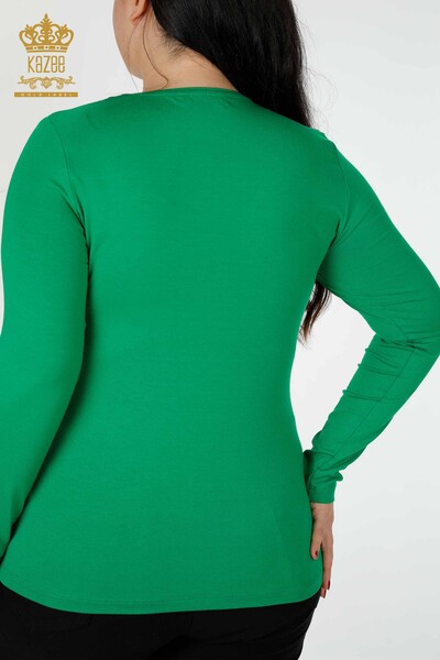 Toptan Kadın Bluz V Yaka Taş İşlemeli Yeşil - 79016 | KAZEE - Thumbnail
