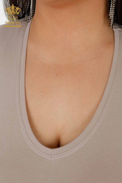 Toptan Kadın Bluz V Yaka Vizon - 79006 | KAZEE - Thumbnail