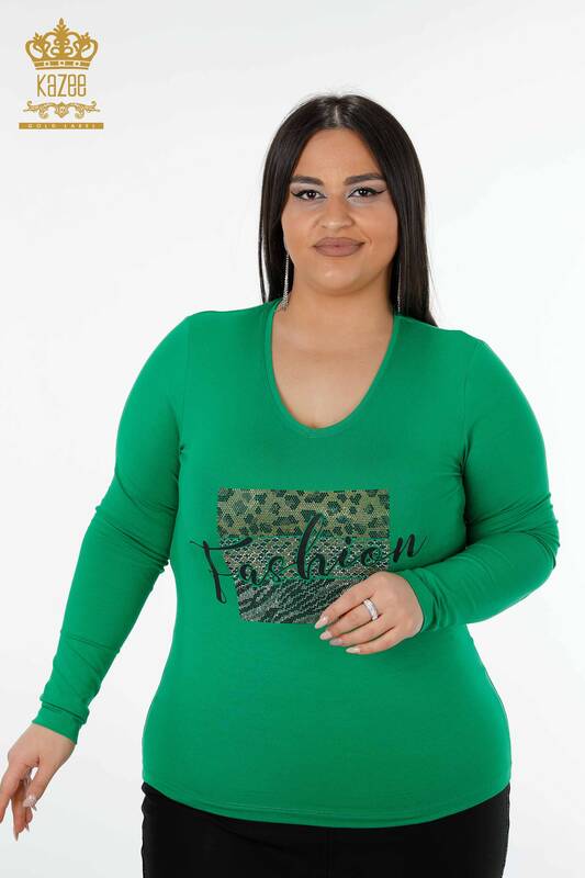 Toptan Kadın Bluz V Yaka Yeşil - 79006 | KAZEE