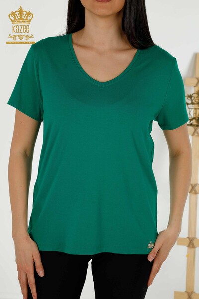 Toptan Kadın Bluz V Yaka Yeşil - 79179 | KAZEE - Thumbnail