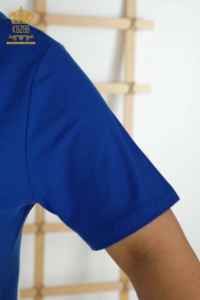 Toptan Kadın Bluz Yaka Detaylı Saks - 79311 | KAZEE - Thumbnail
