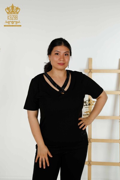 Toptan Kadın Bluz Yaka Detaylı Siyah - 79311 | KAZEE - Thumbnail