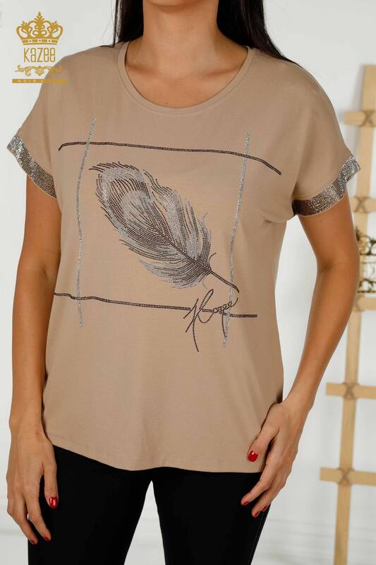 Toptan Kadın Bluz Yaprak Desenli Bej - 78878 | KAZEE