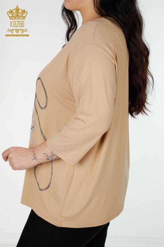 Toptan Kadın Bluz Yaprak Desenli Bej - 78946 | KAZEE