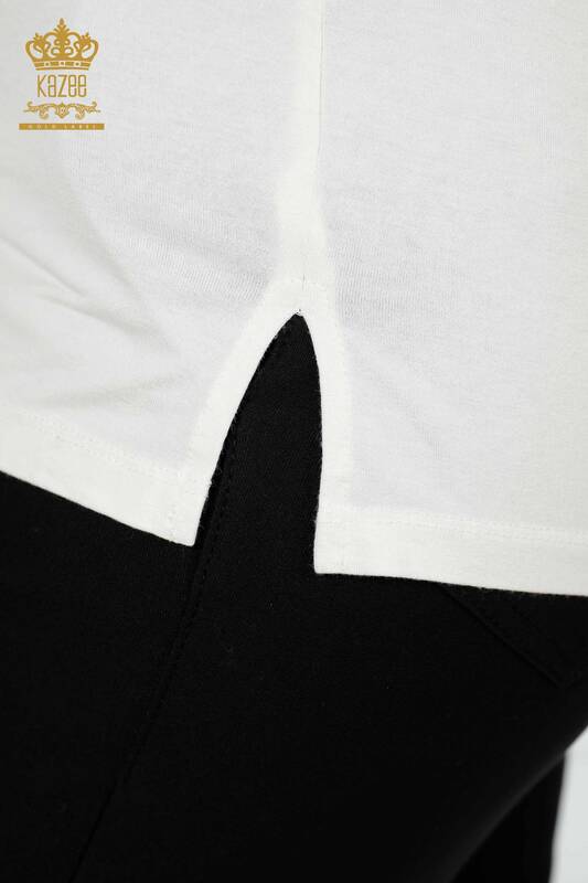 Toptan Kadın Bluz Yaprak Desenli Ekru - 77913 | KAZEE