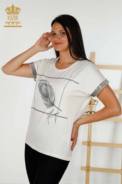 Toptan Kadın Bluz Yaprak Desenli Ekru - 78878 | KAZEE - Thumbnail