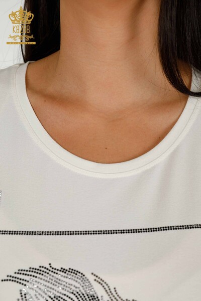 Toptan Kadın Bluz Yaprak Desenli Ekru - 78878 | KAZEE - Thumbnail