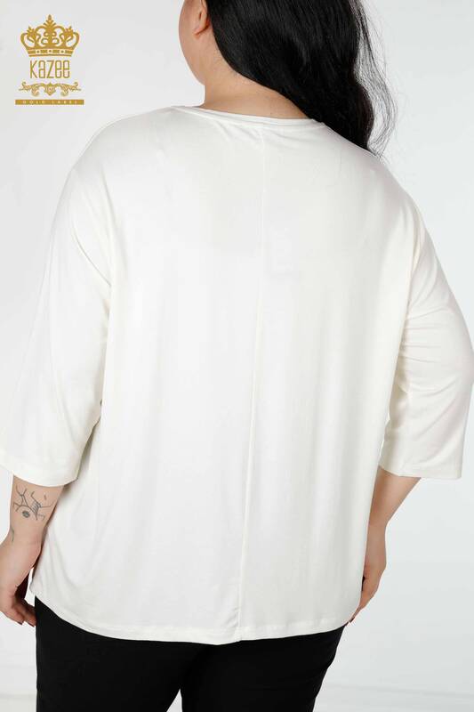 Toptan Kadın Bluz Yaprak Desenli Ekru - 78946 | KAZEE