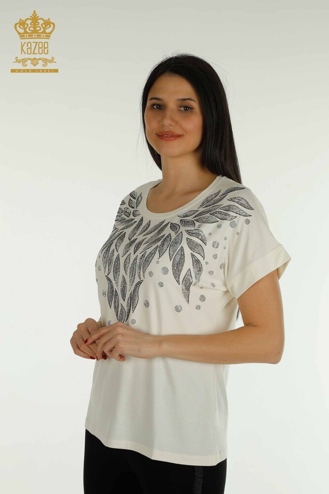 Toptan Kadın Bluz Yaprak Desenli Ekru - 79053 | KAZEE - 1