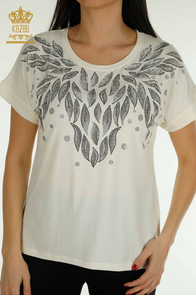 Toptan Kadın Bluz Yaprak Desenli Ekru - 79053 | KAZEE - 2