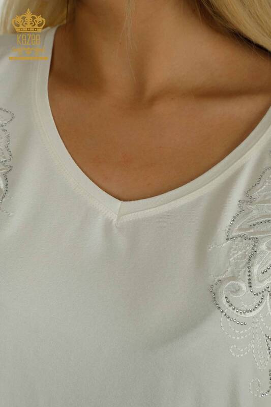 Toptan Kadın Bluz Yaprak Desenli Ekru - 79090 | KAZEE