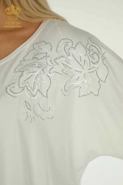 Toptan Kadın Bluz Yaprak Desenli Ekru - 79090 | KAZEE - Thumbnail