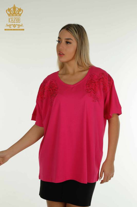 Toptan Kadın Bluz Yaprak Desenli Fuşya - 79090 | KAZEE