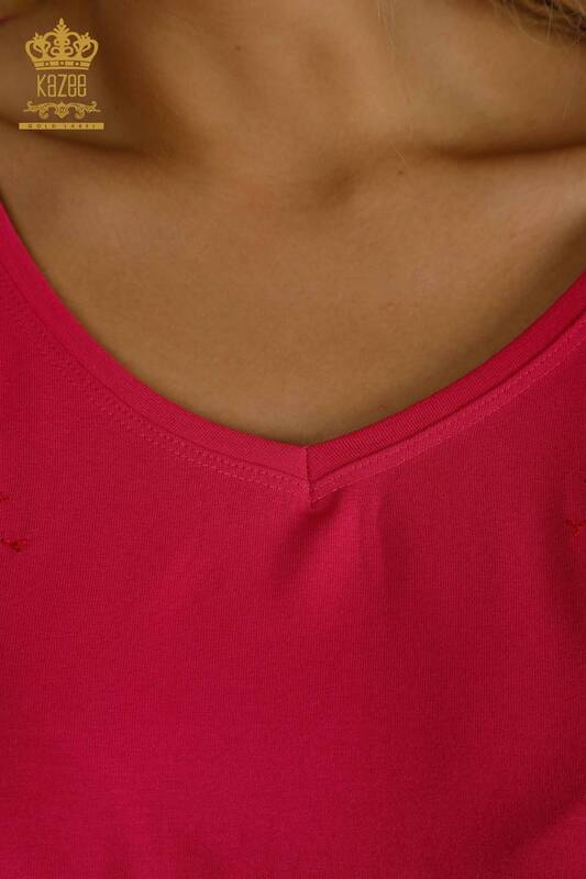Toptan Kadın Bluz Yaprak Desenli Fuşya - 79090 | KAZEE
