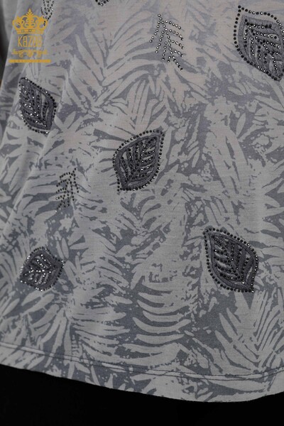 Toptan Kadın Bluz Yaprak Desenli Gri - 79135 | KAZEE - Thumbnail