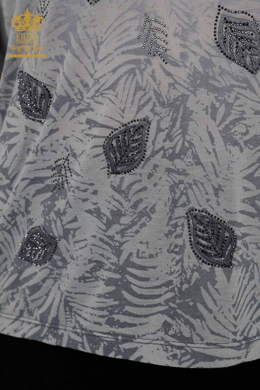 Toptan Kadın Bluz Yaprak Desenli Gri - 79135 | KAZEE