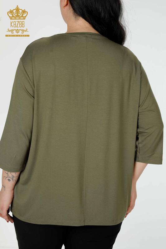 Toptan Kadın Bluz Yaprak Desenli Haki - 78946 | KAZEE