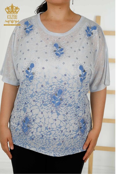 Toptan Kadın Bluz Yaprak Desenli İndigo - 79130 | KAZEE - Thumbnail