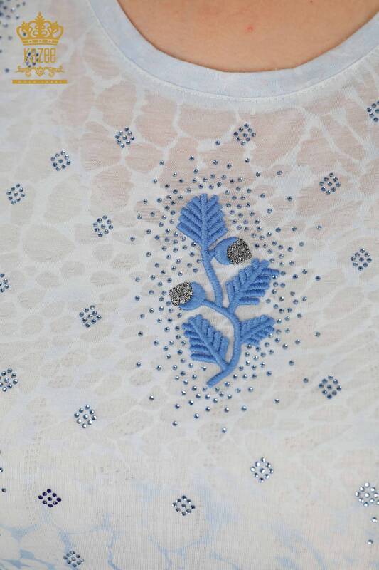 Toptan Kadın Bluz Yaprak Desenli İndigo - 79130 | KAZEE
