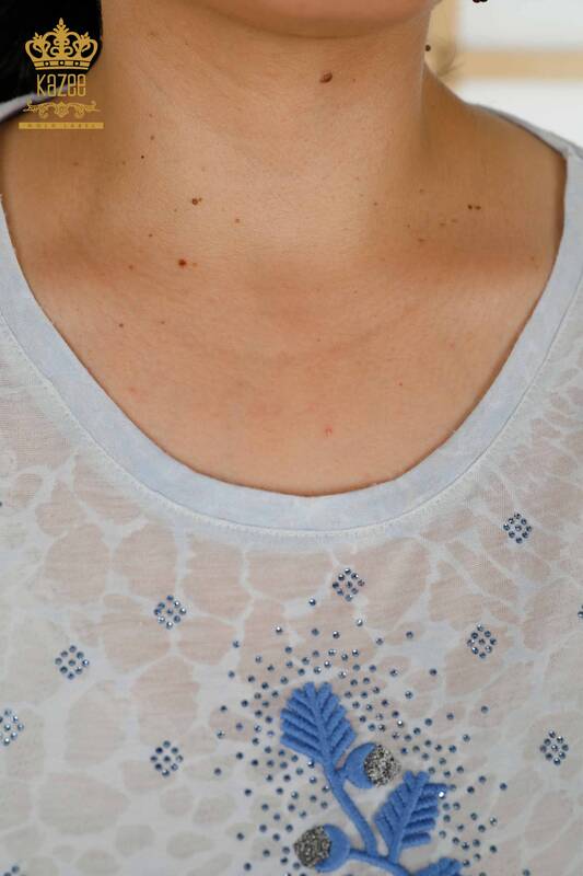 Toptan Kadın Bluz Yaprak Desenli İndigo - 79130 | KAZEE